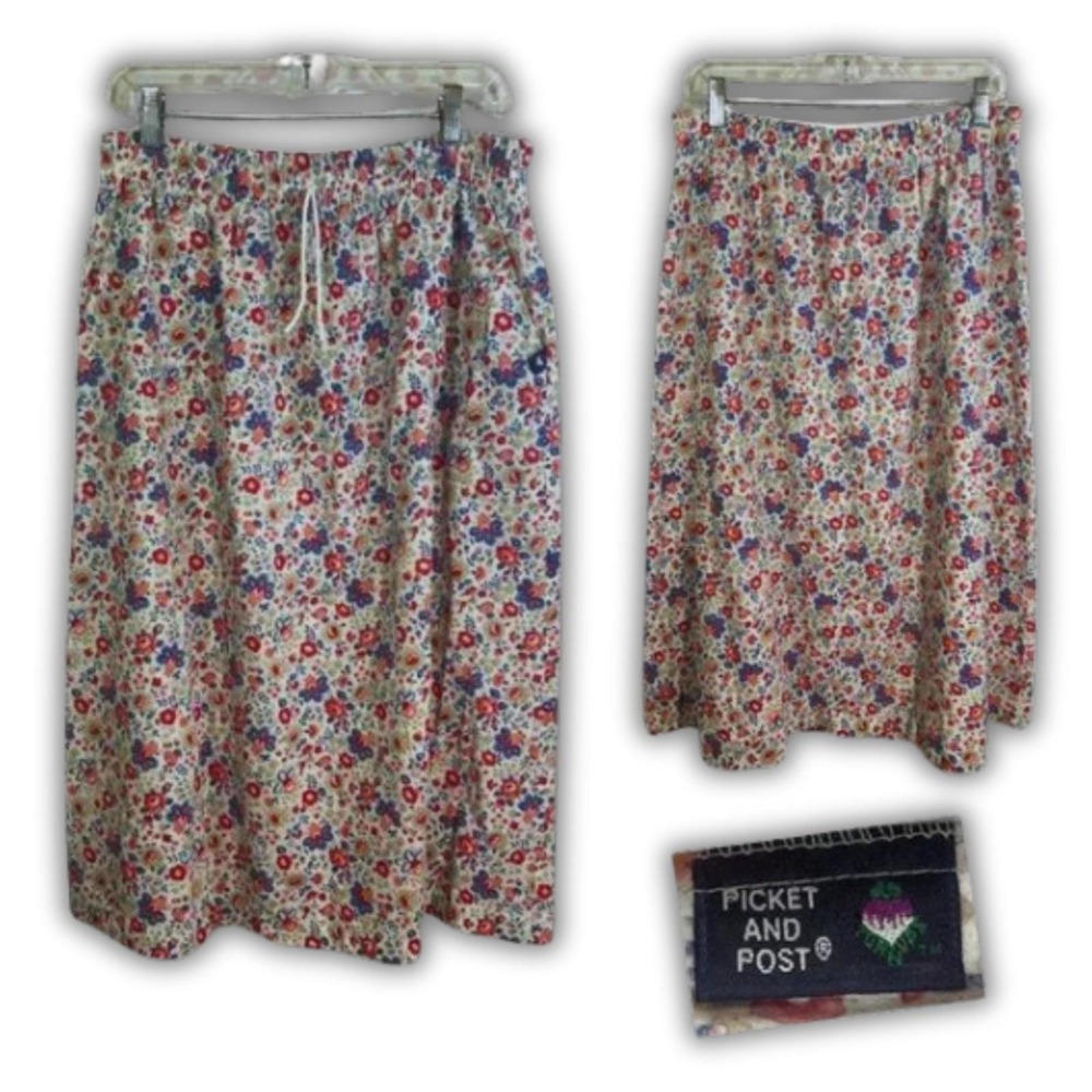 Picket and Post Vintage Floral Midi‎ Skirt Red Blue Calico Elastic Waist Cottage